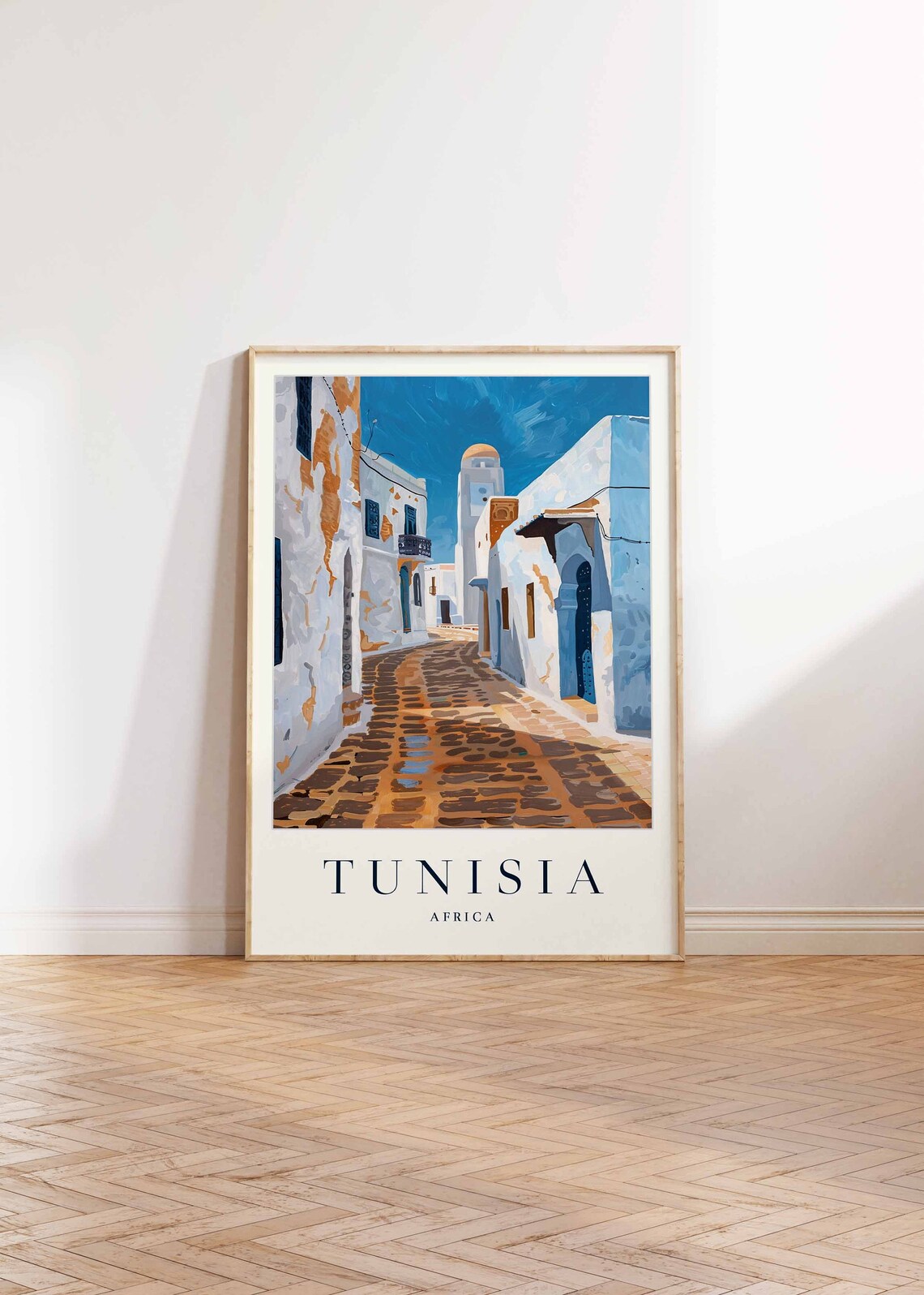 Tunisia Old Medina Cobblestone Street Minaret Africa Travel Poster - Image 2