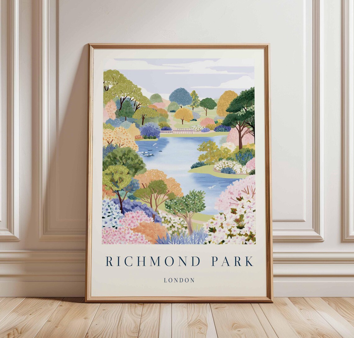Richmond Park London Spring Blossom Lake Garden Travel Art Poster