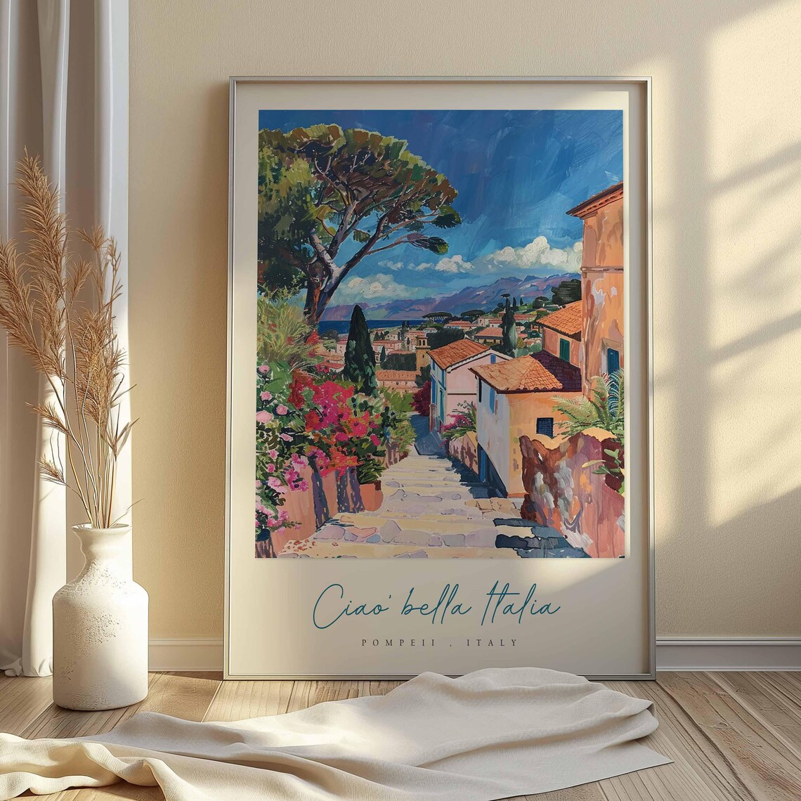 Pompeii Italy Flower Lined Stone Steps Village Painting Travel Poster - Image 2