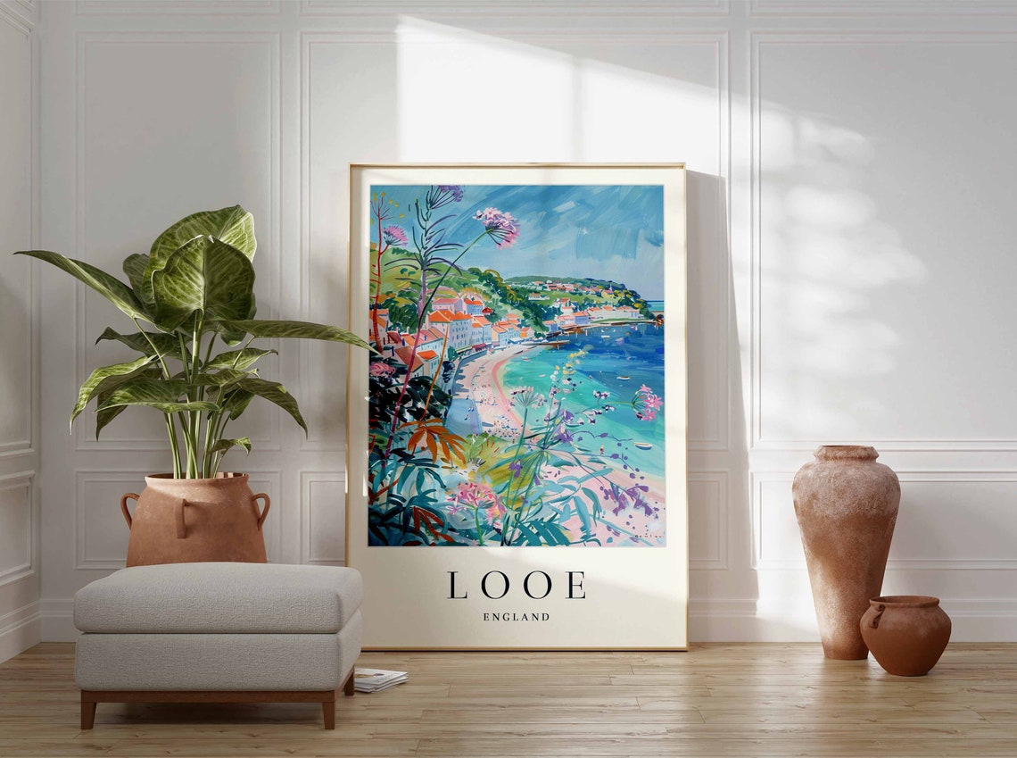 Looe England Cornish Hillside Bay Town Coastal Painting Poster - Image 2