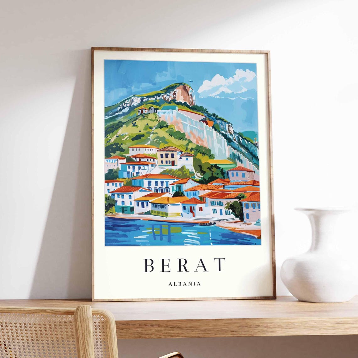 Berat Albania Cliff Top Castle Riverside Old Town Travel Poster