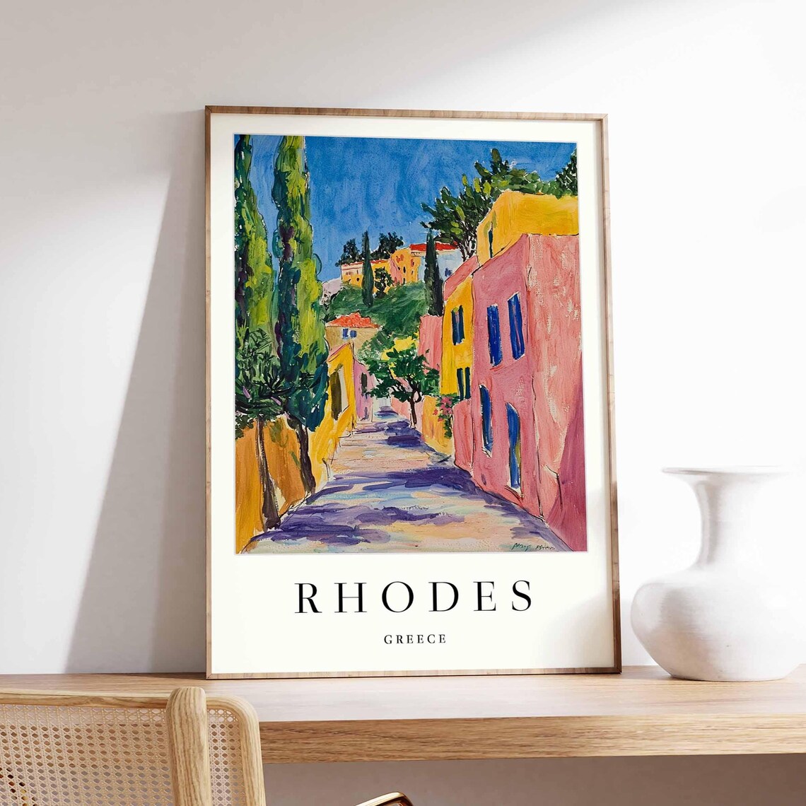 Rhodes Greece Colorful Old Town Street Painting Travel Poster
