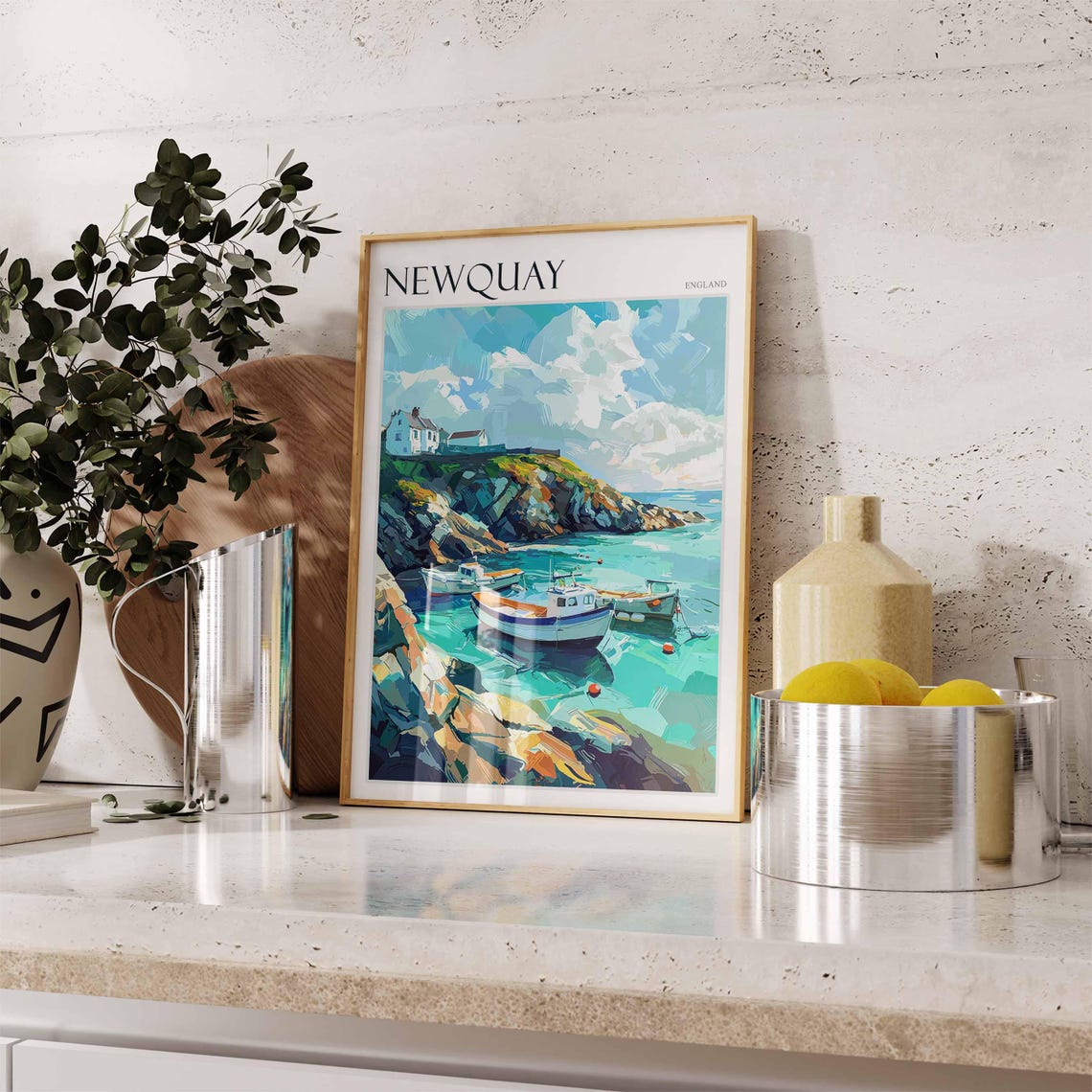 Newquay England Fishing Boats Turquoise Cove Cliff Cottage Poster - Image 2