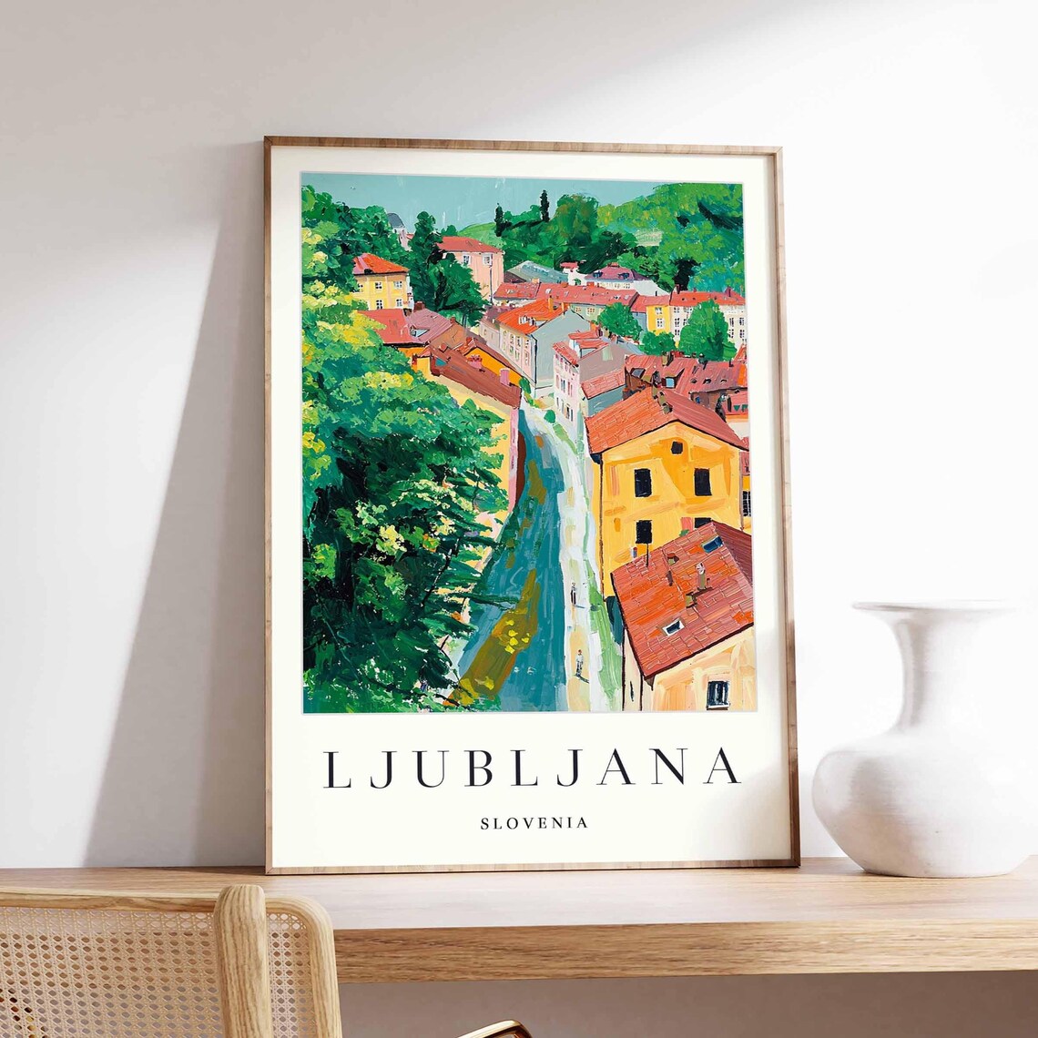 Ljubljana Slovenia Canal Aerial View Green Trees Vivid Art Poster