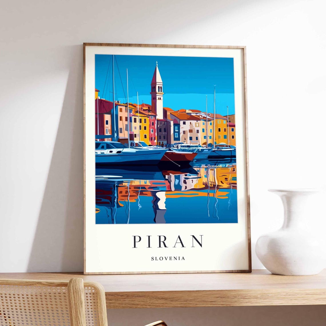 Piran Slovenia Marina Yachts Bell Tower Water Reflection Poster