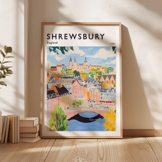Shrewsbury England 1989 Colorful Riverside Town Bridge Scene Travel Poster
