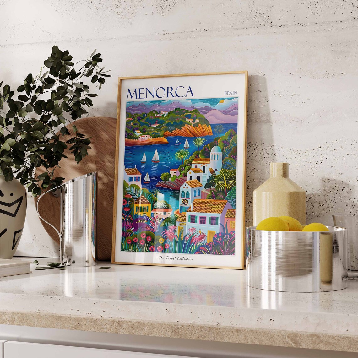 Menorca Spain Vibrant Sailboat Harbor Tropical Flower Art Poster - Image 2