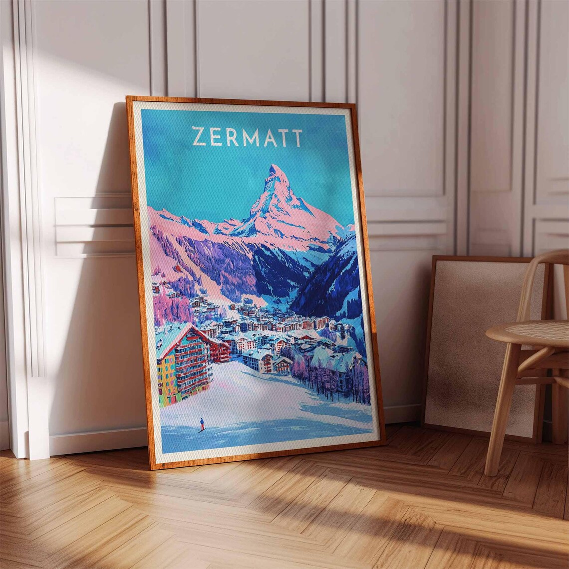 Zermatt Matterhorn Pink Alpenglow Village Skier Snowy Art Poster - Image 3