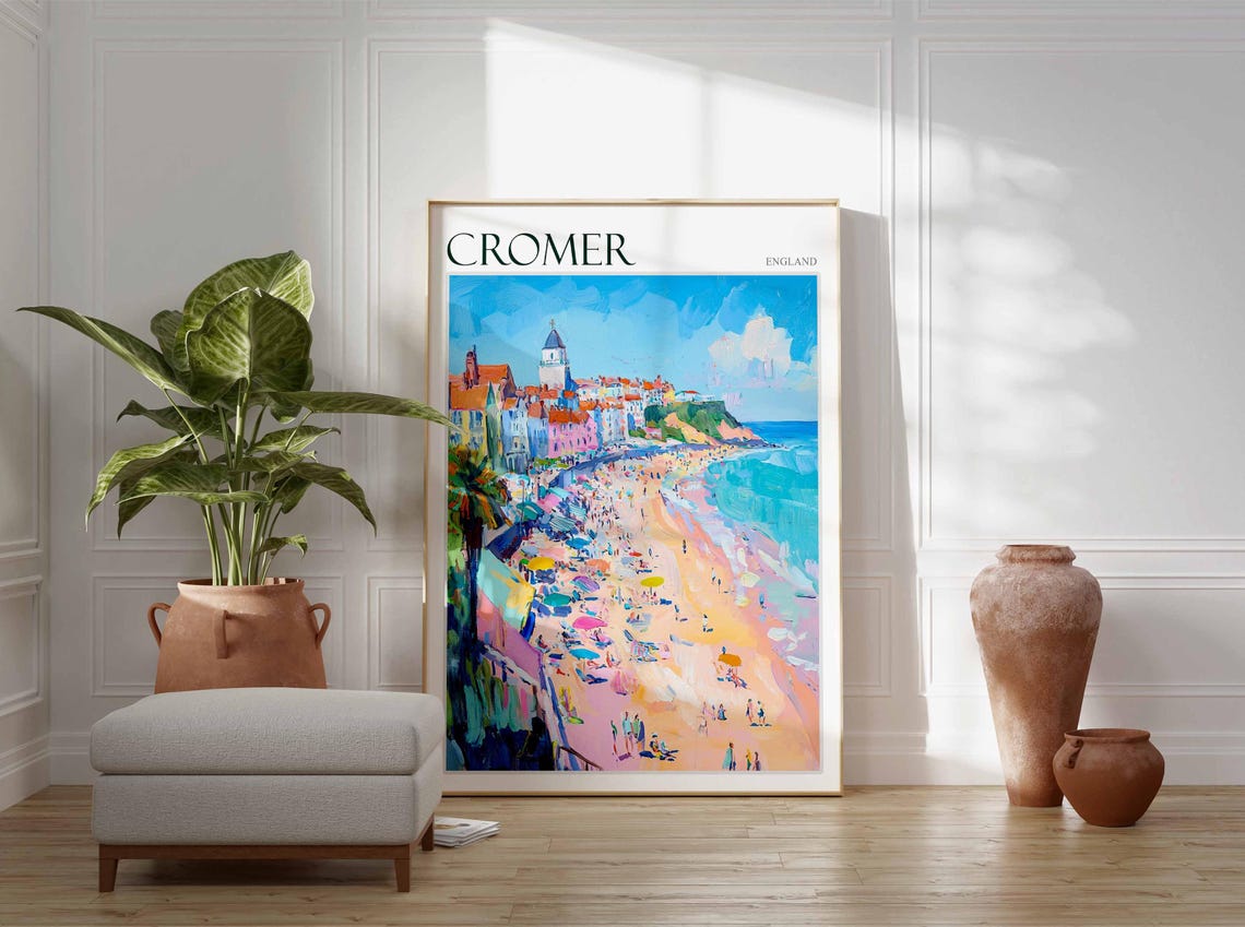 Cromer England Sandy Beach Colorful Umbrellas Cliff Town Poster - Image 3