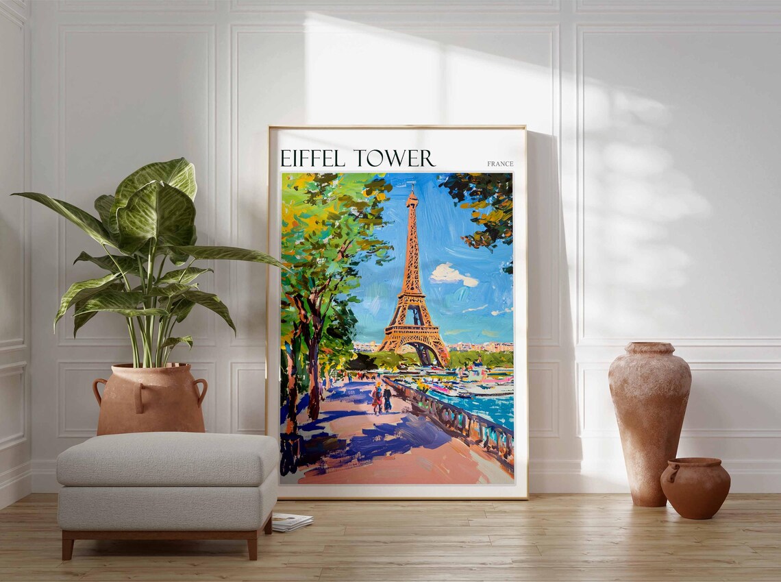 Eiffel Tower France Paris Riverside Promenade Trees Painting Poster - Image 2