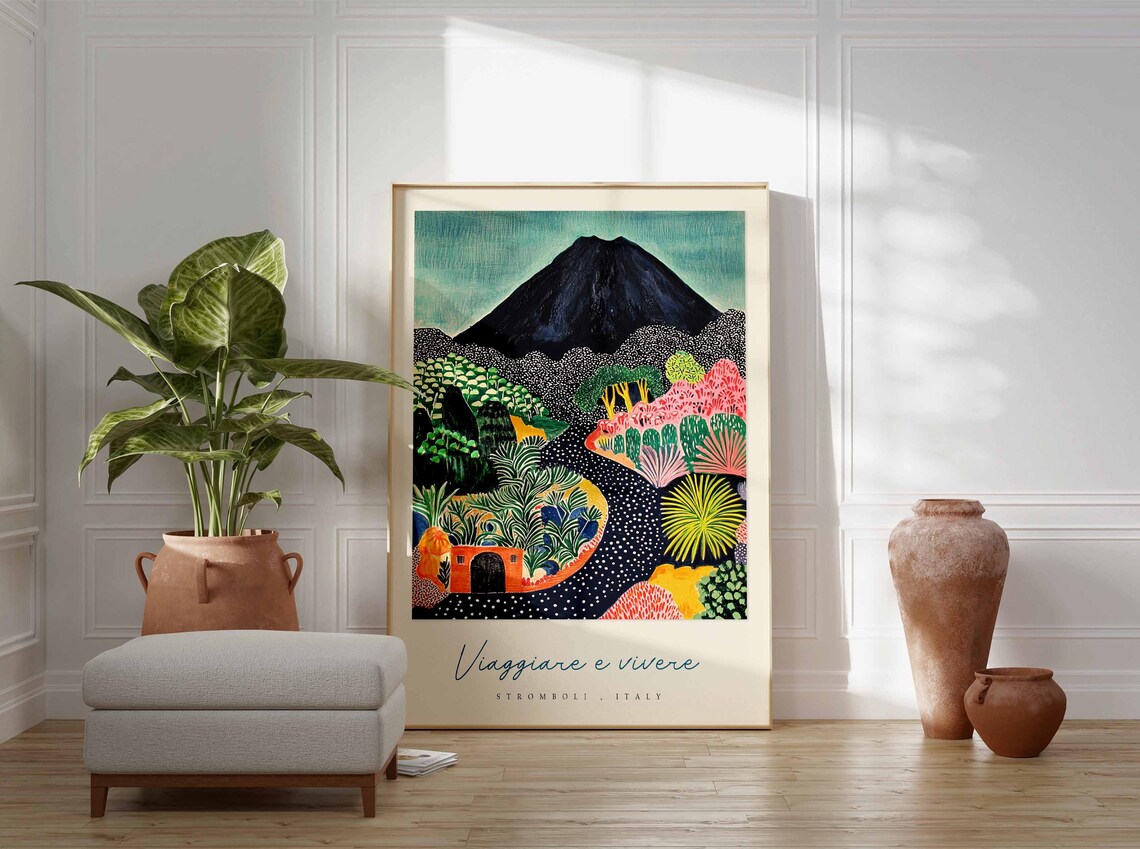 Stromboli Italy Garden Poster Volcano Path Night Blooms Folk Art - Image 3