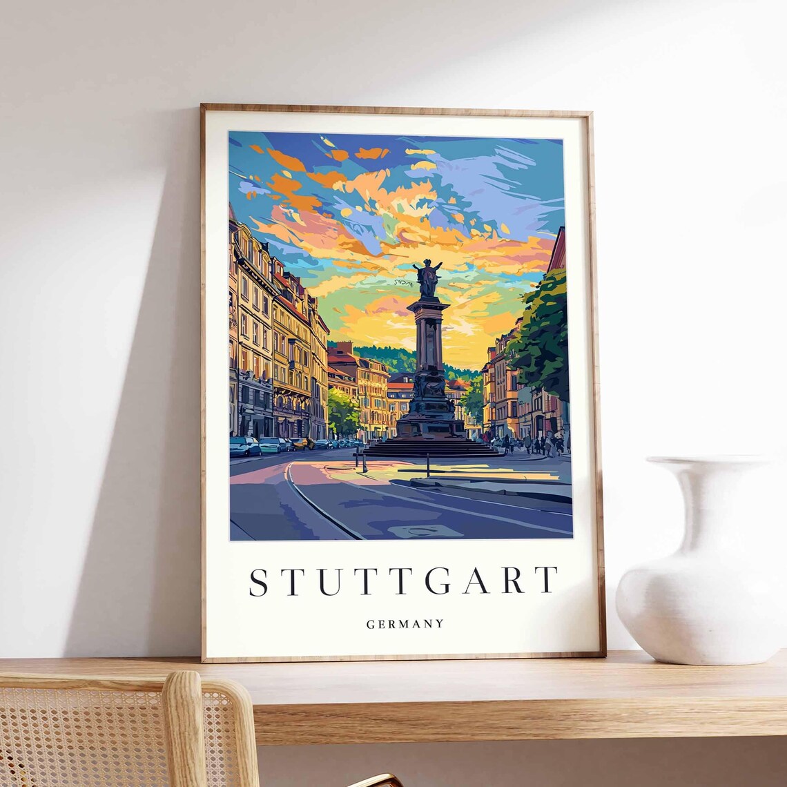 Stuttgart Germany Sunset Monument Street Vintage Travel Poster