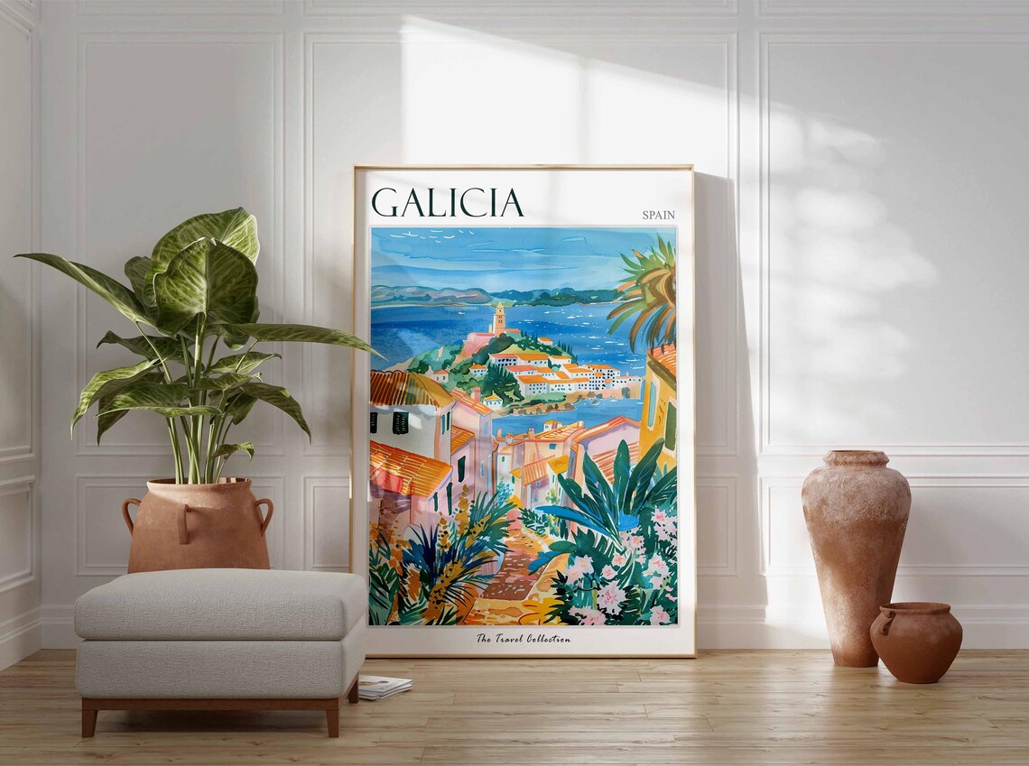 Galicia Spain Travel Poster Hillside Town Bay View Art Collection Scene - Image 3