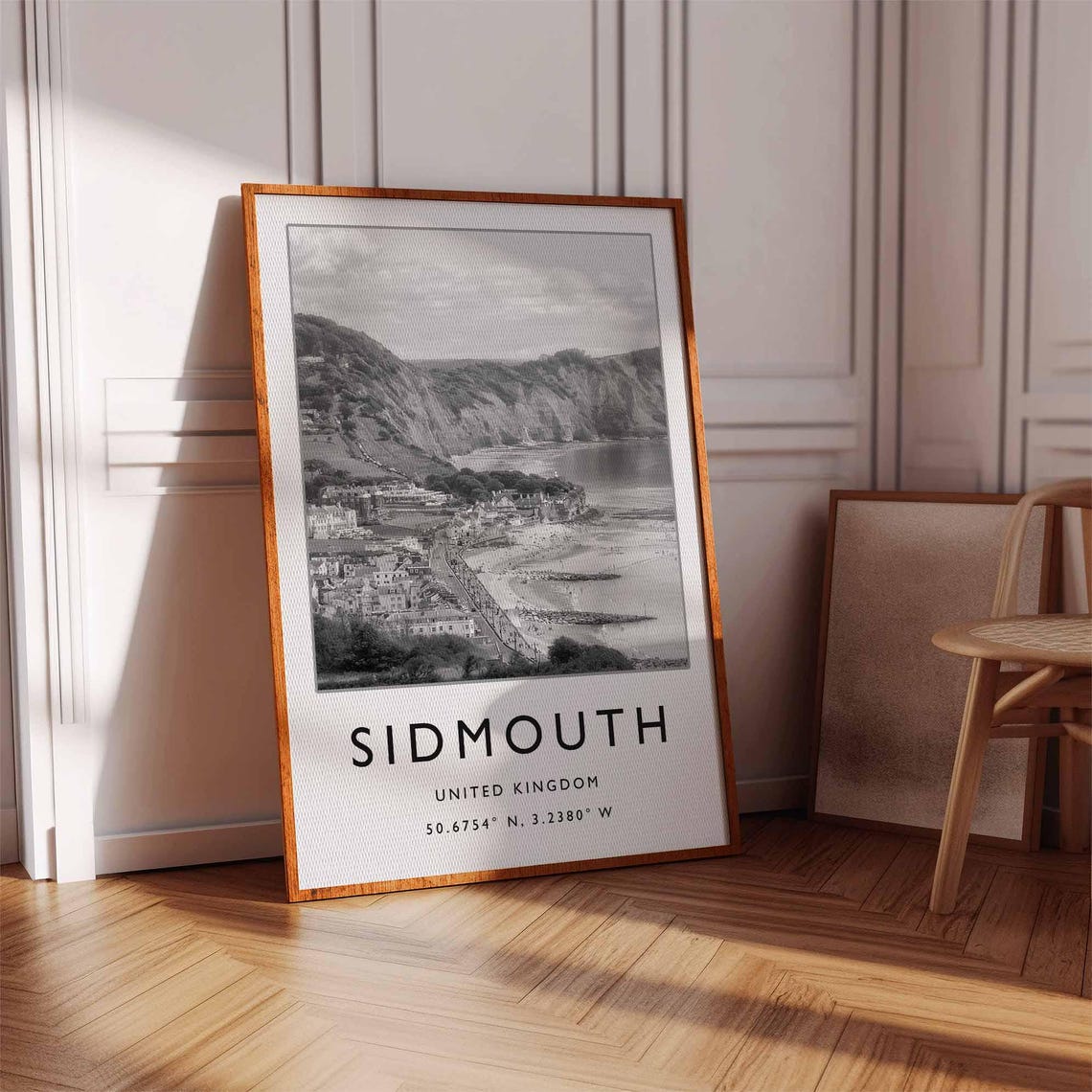 Sidmouth United Kingdom Black White Coastal Cliffside Town Poster - Image 2