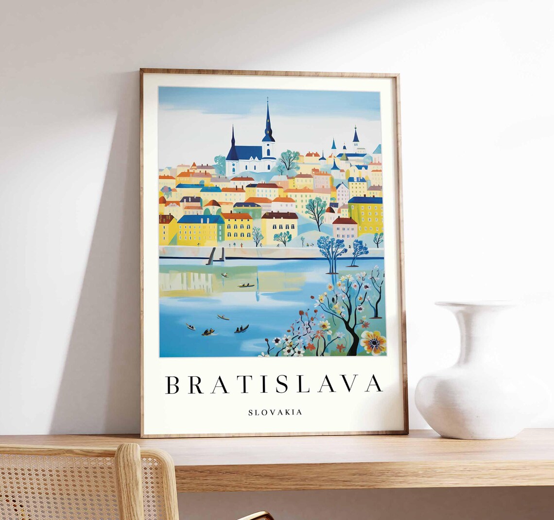 Bratislava Danube Riverside Boats Church Spire Watercolor Poster