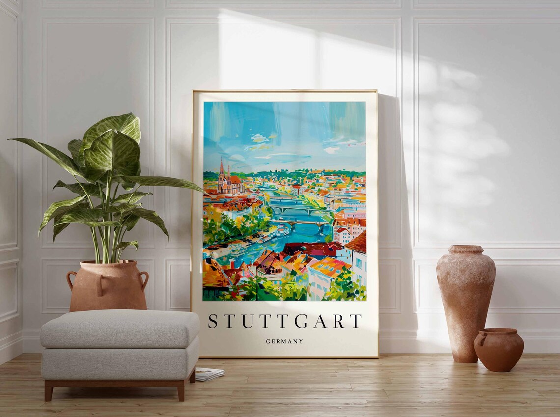 Stuttgart Germany River Panorama with Church Spires and Bridges Poster - Image 4