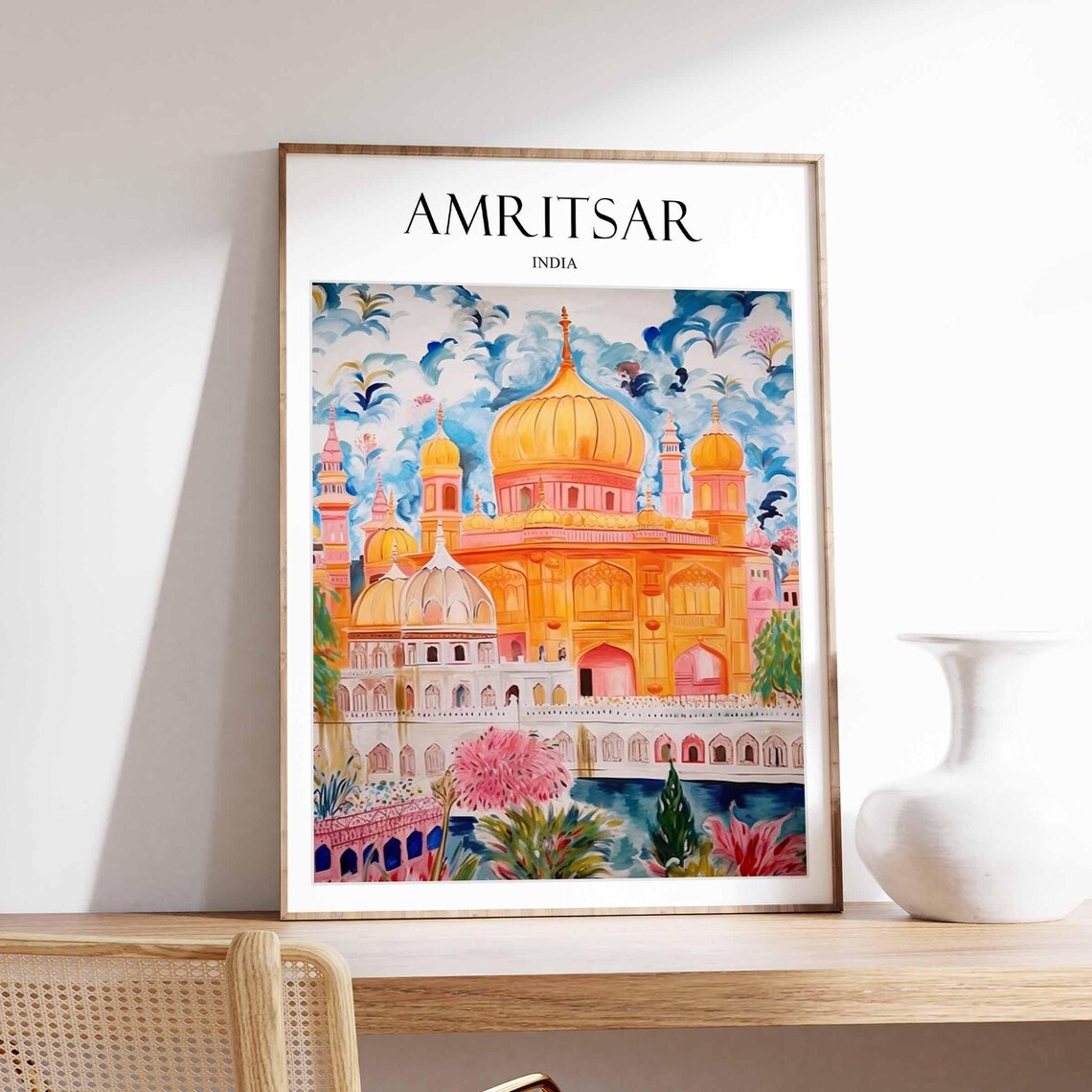 Amritsar Golden Temple India Pink Gold Watercolor Travel Poster