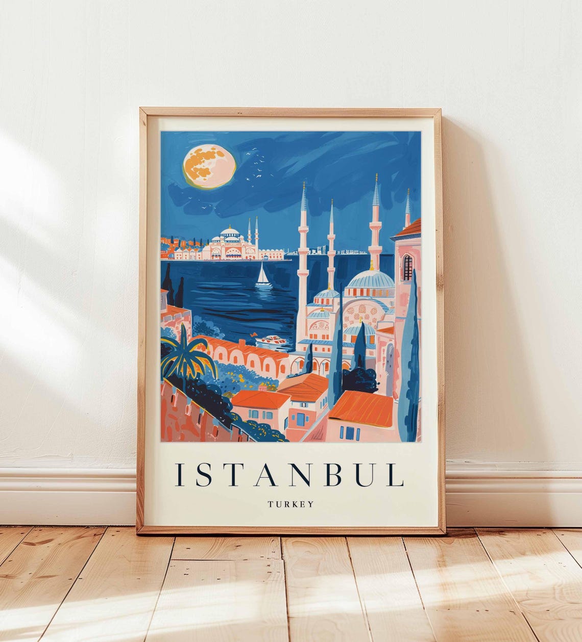 Istanbul Turkey Full Moon Night Glowing Over Minarets Domes Poster