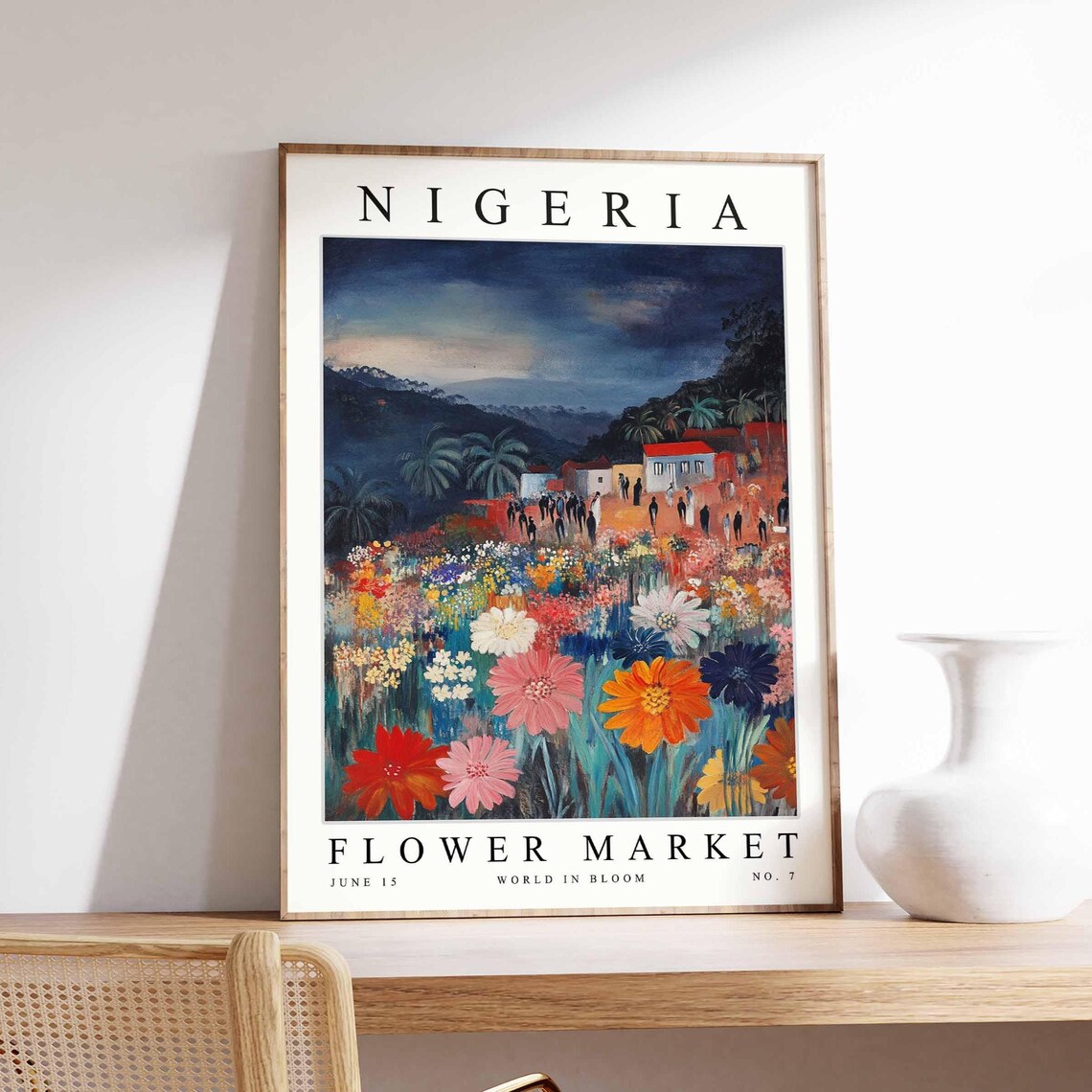 Nigeria Flower Market Blue Red Flower Garden Village Art Poster