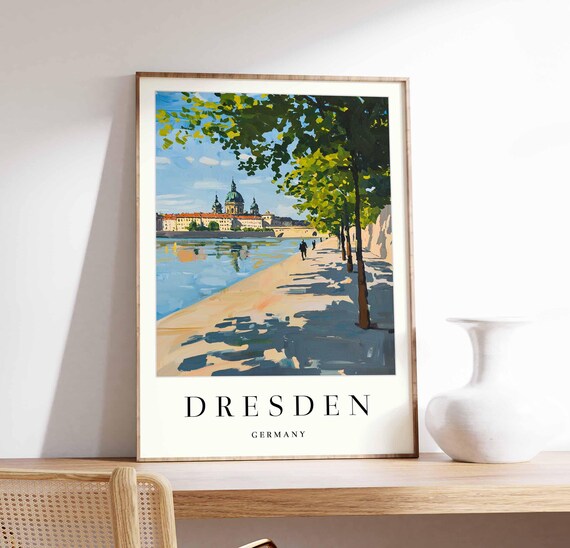 Dresden Germany Riverside Promenade Shaded Trees Domed Church Poster