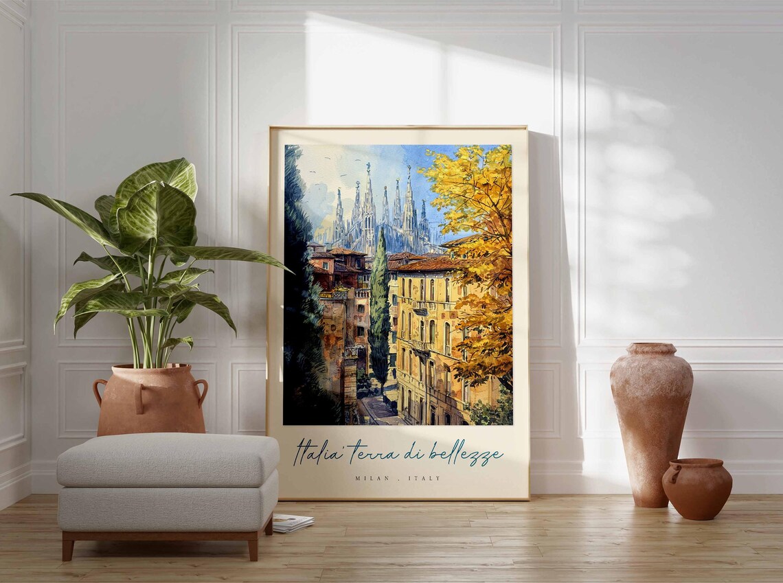 Milan Duomo Spires Autumn Cypress Watercolor Italy Travel Poster - Image 3