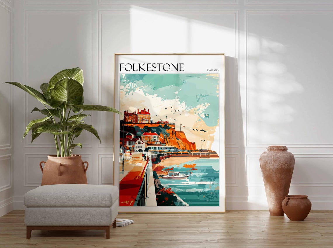 Folkestone England Harbour Pier Boats Cliffs Warm Tones Poster - Image 3