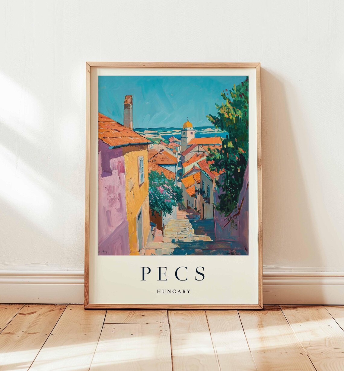 Pecs Hungary Pastel Alley Stairway Cathedral View Quaint Travel Poster