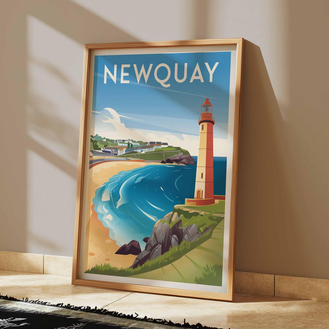 Newquay England Red Lighthouse Beach Cove Retro Travel Poster - Image 2