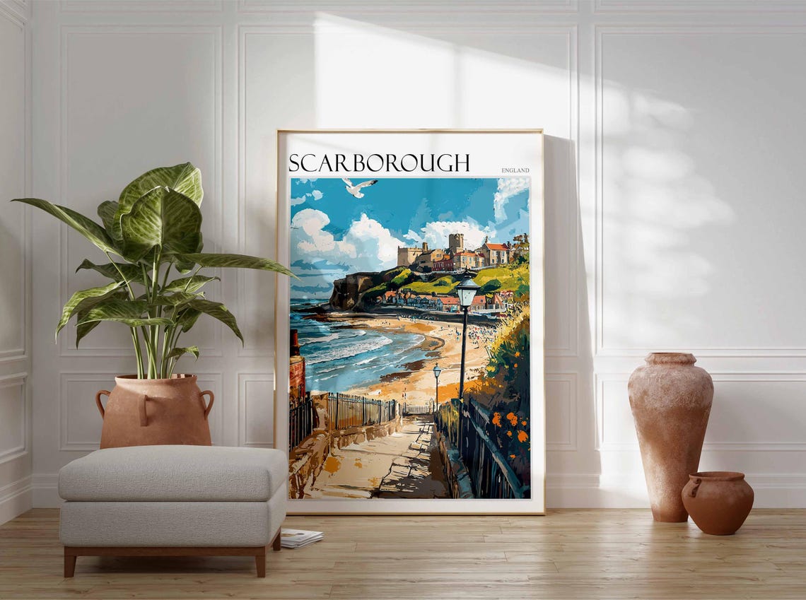 Scarborough Steps Down To Beach Castle Lamp Poster England Coast - Image 2