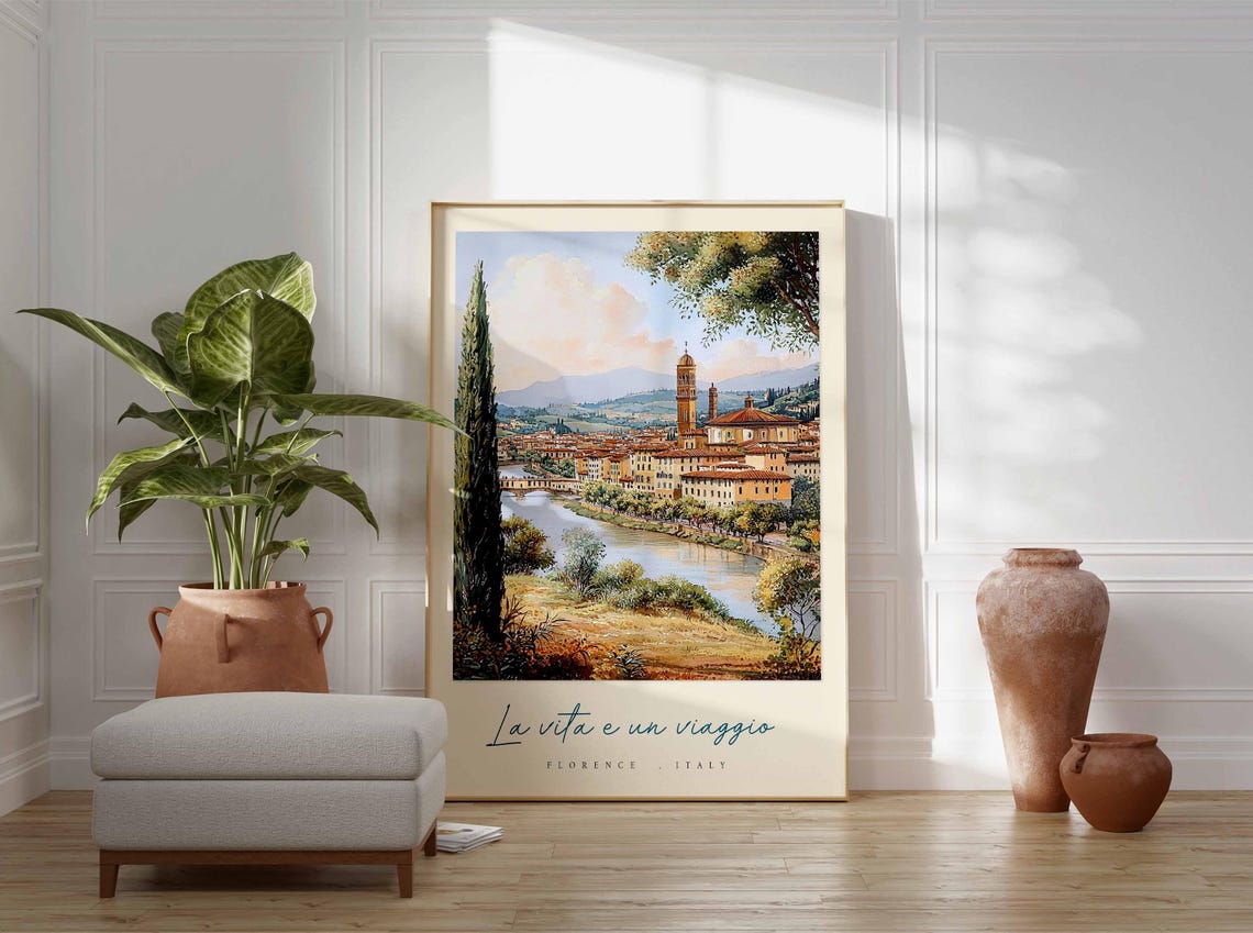 Florence Cypress Riverside Golden Tuscan Hills Italy Travel Poster - Image 3