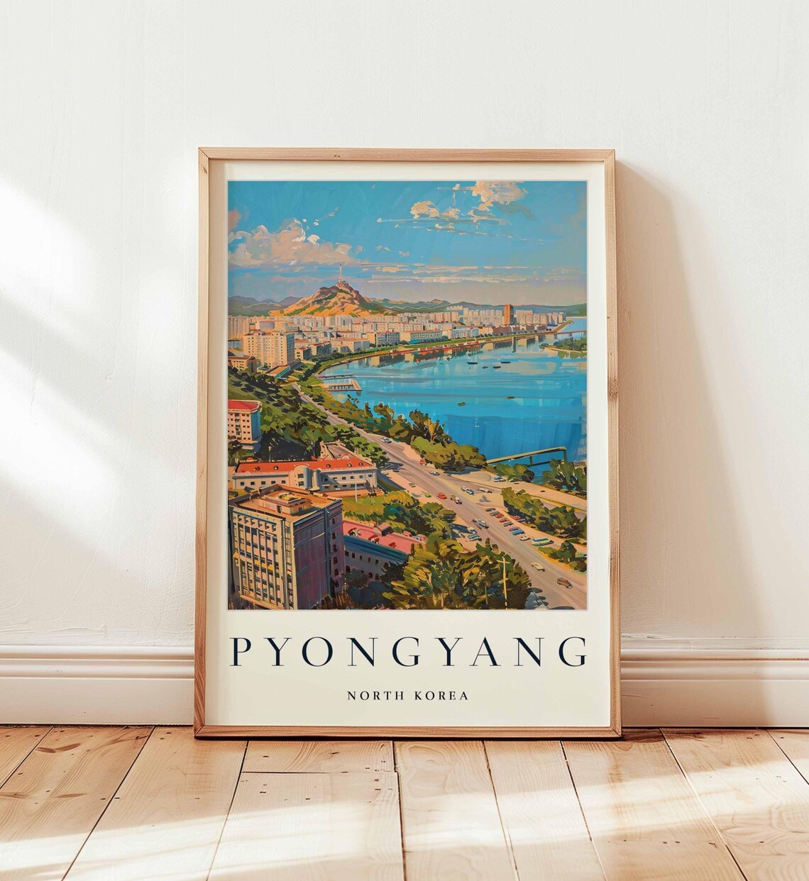 Pyongyang North Korea Panoramic Aerial River City Travel Poster