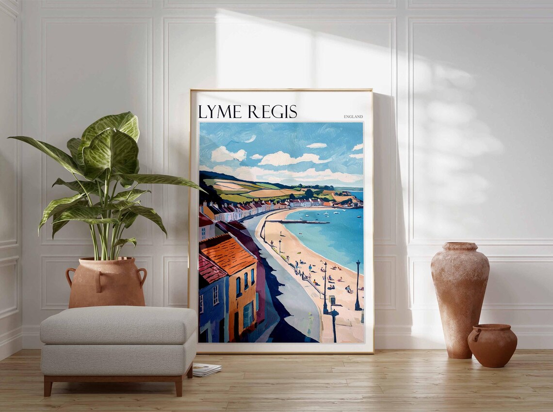 Lyme Regis England Sweeping Bay Curved Beach Hills Painting Poster - Image 3