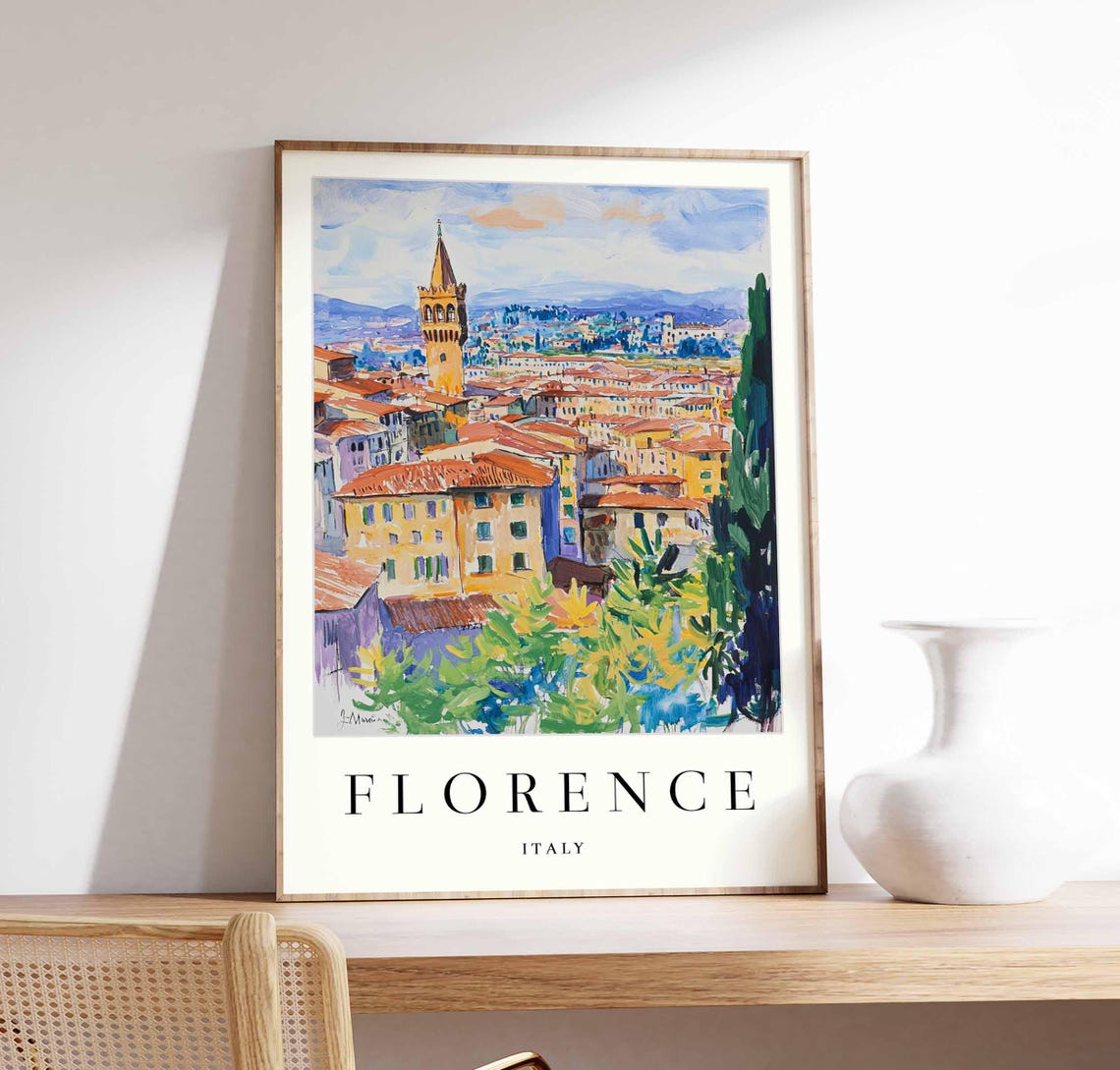 Florence Italy Watercolor Palazzo Vecchio Tower View Travel Poster