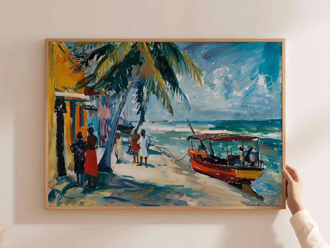 Lively Beach Village Scene With Colorful Boats And People Poster