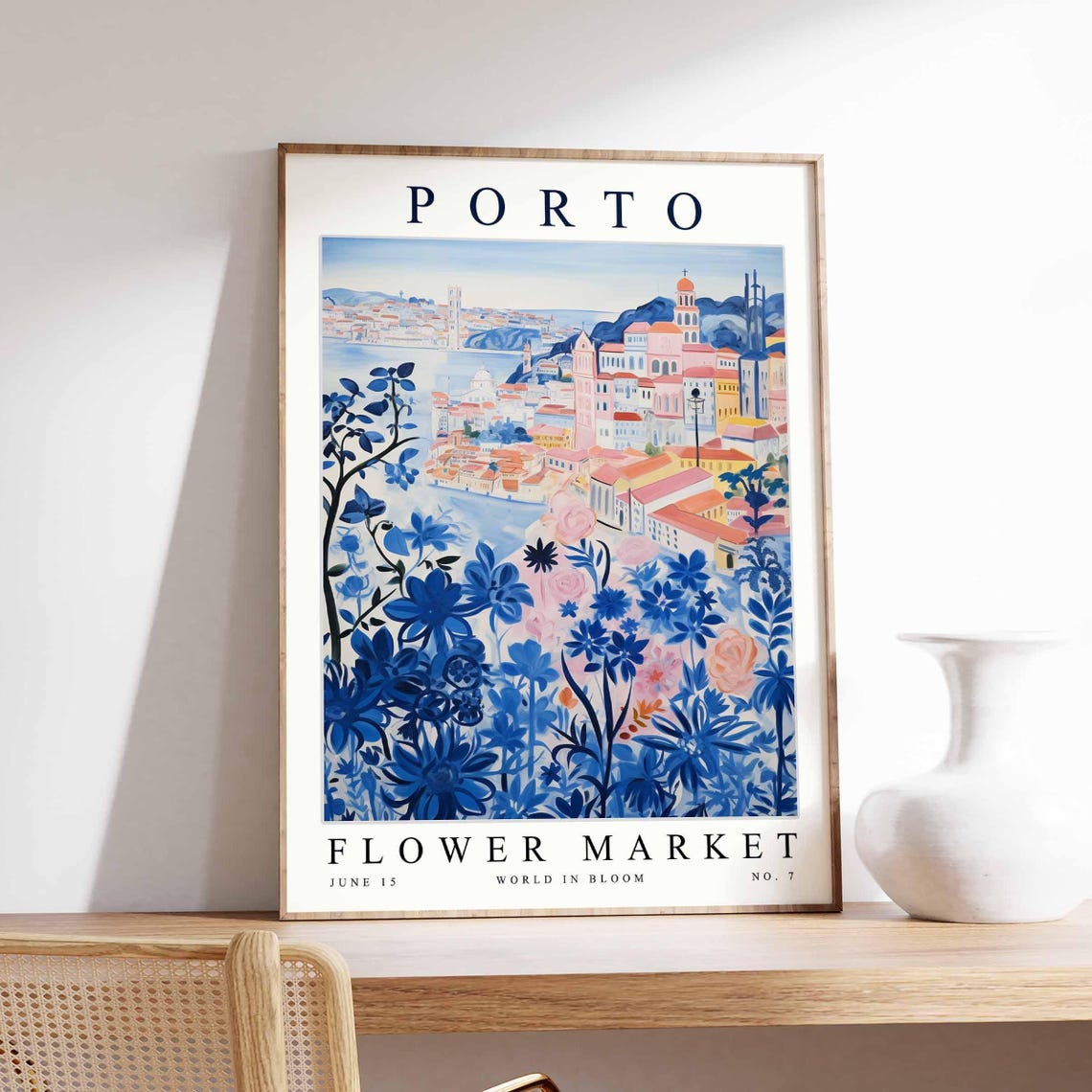Porto Blue Pink Floral Foreground River City Flat Floral Travel Poster