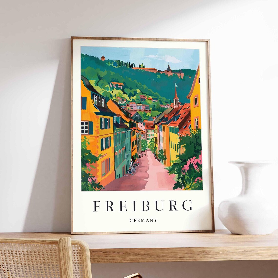 Freiburg Germany Travel Poster Yellow Street Castle Hill Old Town Scene
