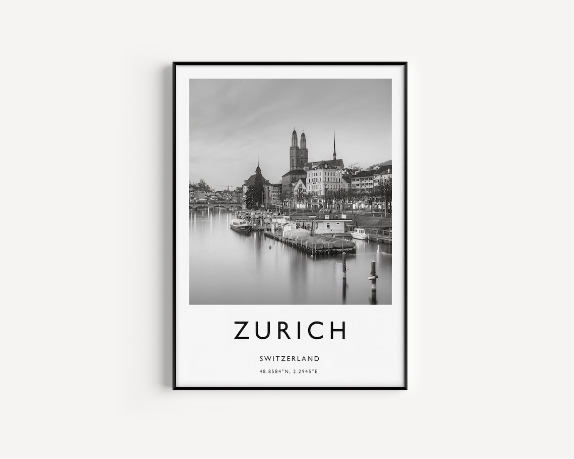 Zurich Switzerland River Church Towers Black White Photo Travel Poster - Image 2