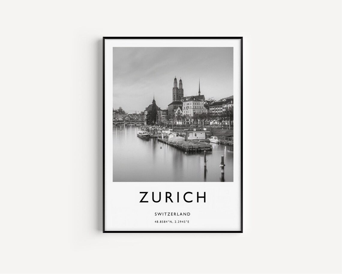 Zurich Travel Poster Travel Print Switzerland Travel Poster Black And White Cities City Gift Coordinates Vintage Photography - Image 2