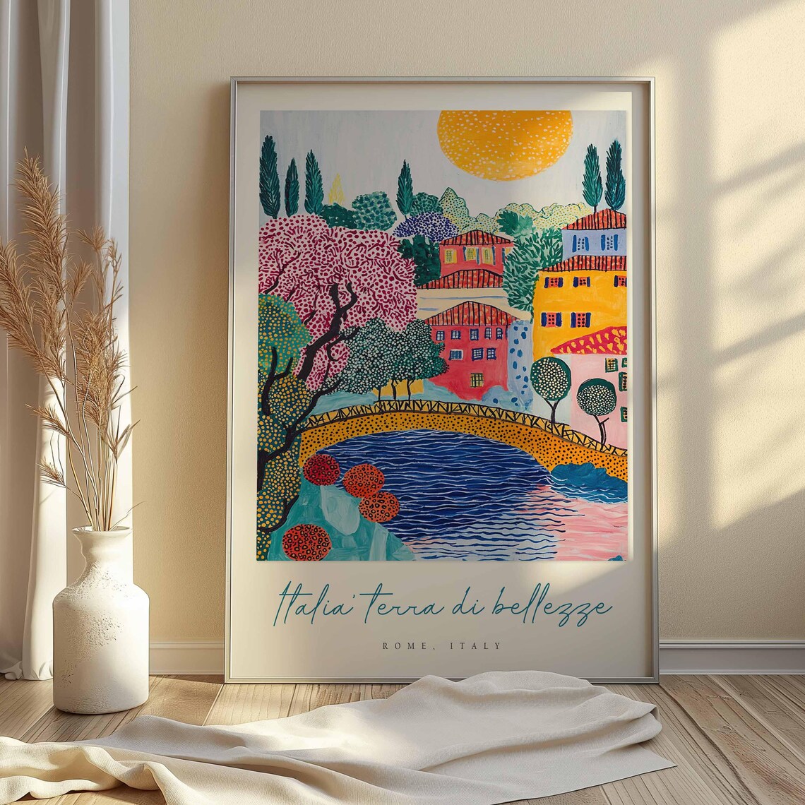 Rome Italy Folk Bridge River Sun Colorful Travel Quote Art Poster - Image 2