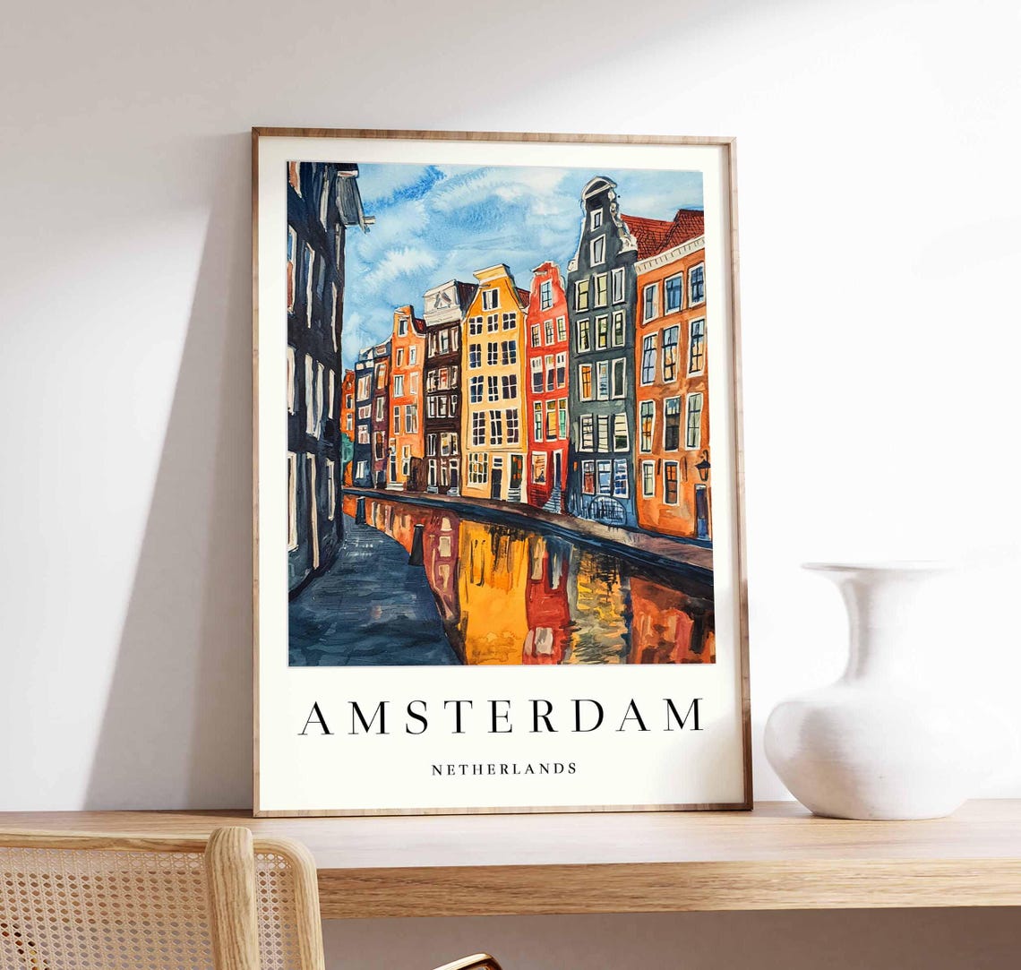 Amsterdam Netherlands Old Canal Houses Watercolor Travel Poster