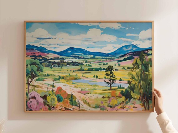 Cairngorms Colorful Valley Wildflowers Blue Peaks Painting Poster