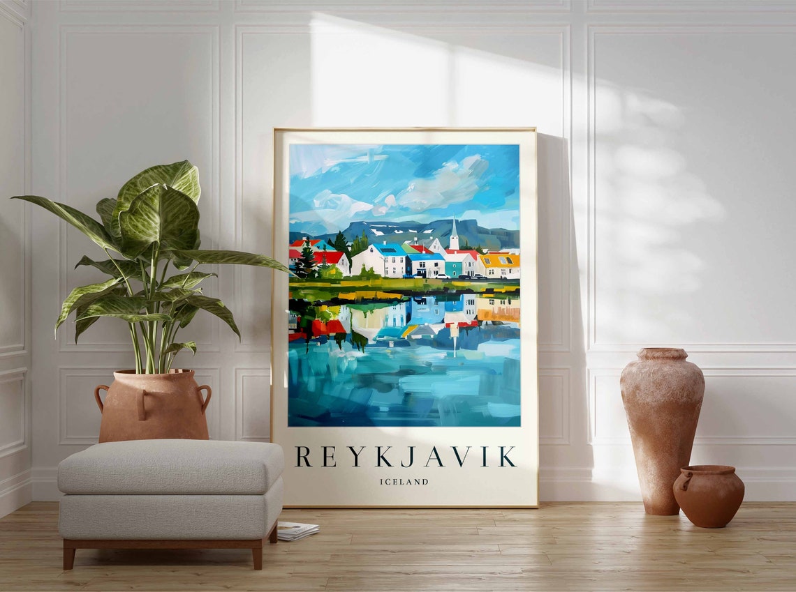 Reykjavik Iceland Town Reflected In Calm Waters Travel Poster - Image 3