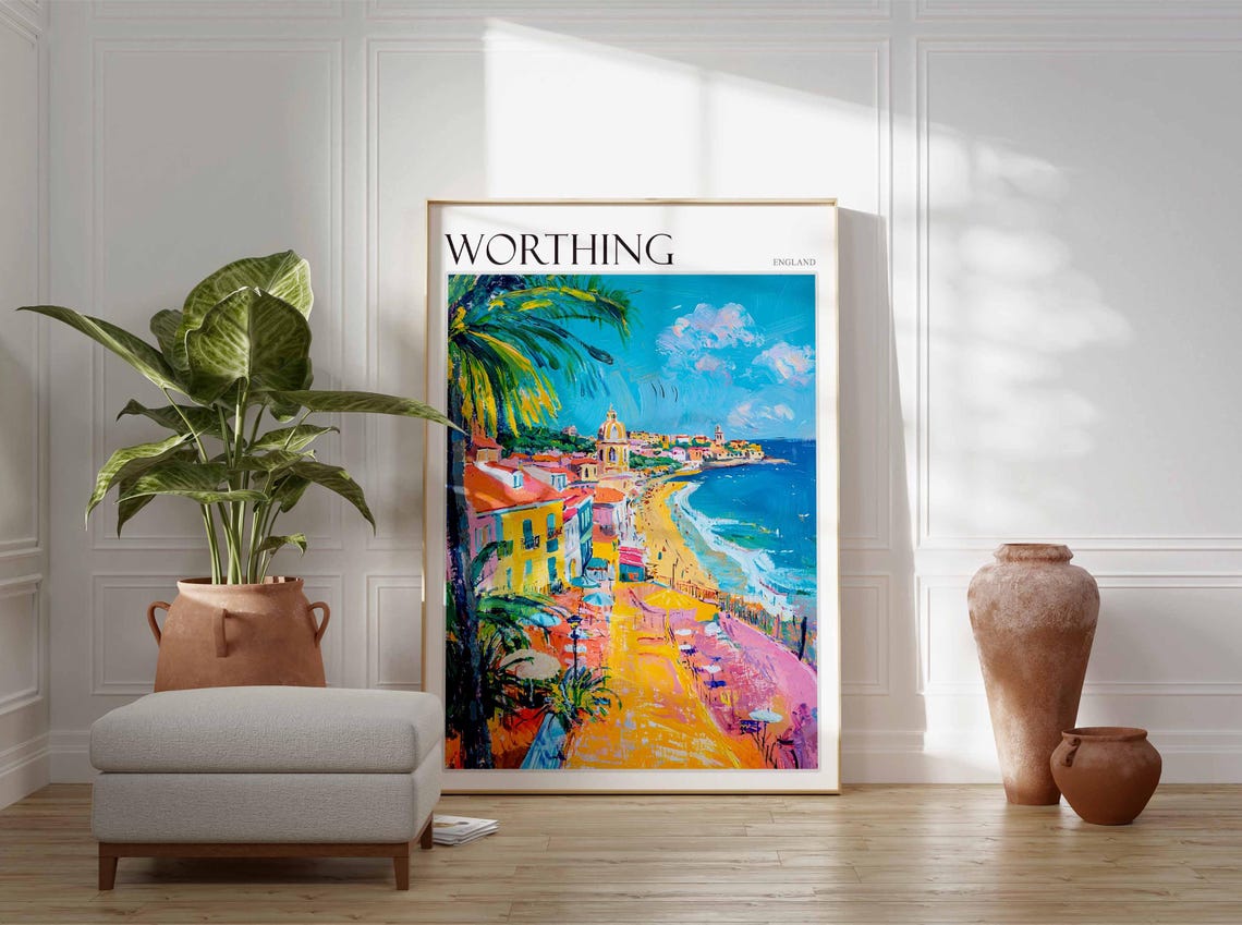 Worthing Poster Sussex Poster Uk Travel Poster Coastal Wall Art Uk Home Decor Worthing Travel Print Sussex Travel Print Worthing Art - Image 2