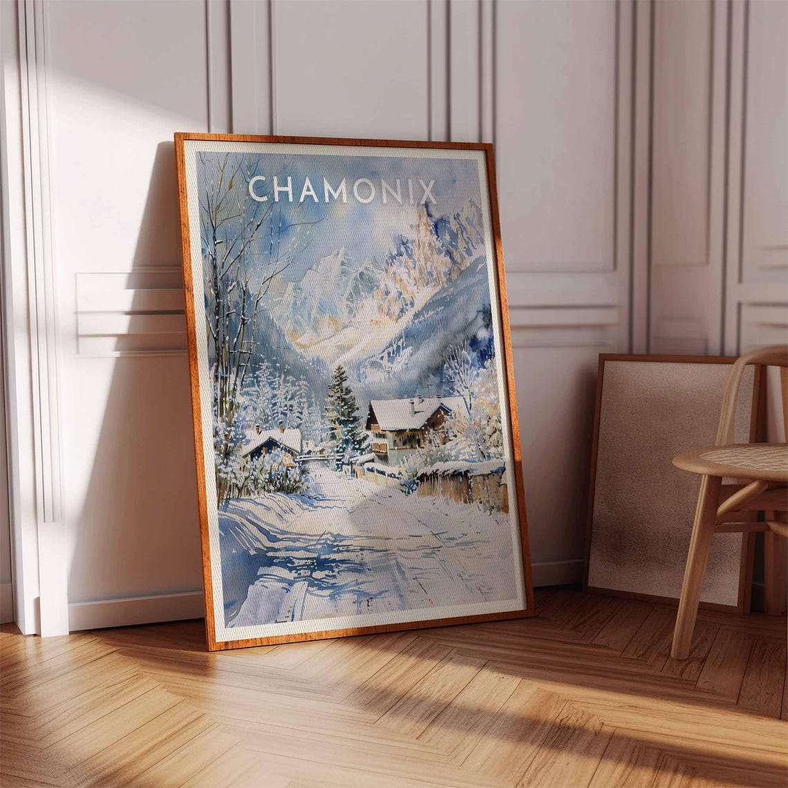 Chamonix Delicate Watercolor Lane Chalets Jagged Peaks Poster - Image 2