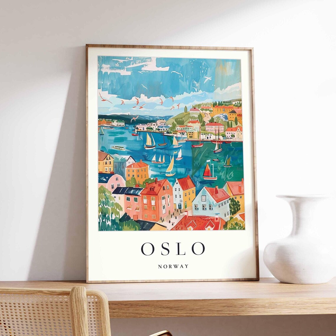 Oslo Norway Aerial Bay Sailboats Seagulls Bright Summer Poster