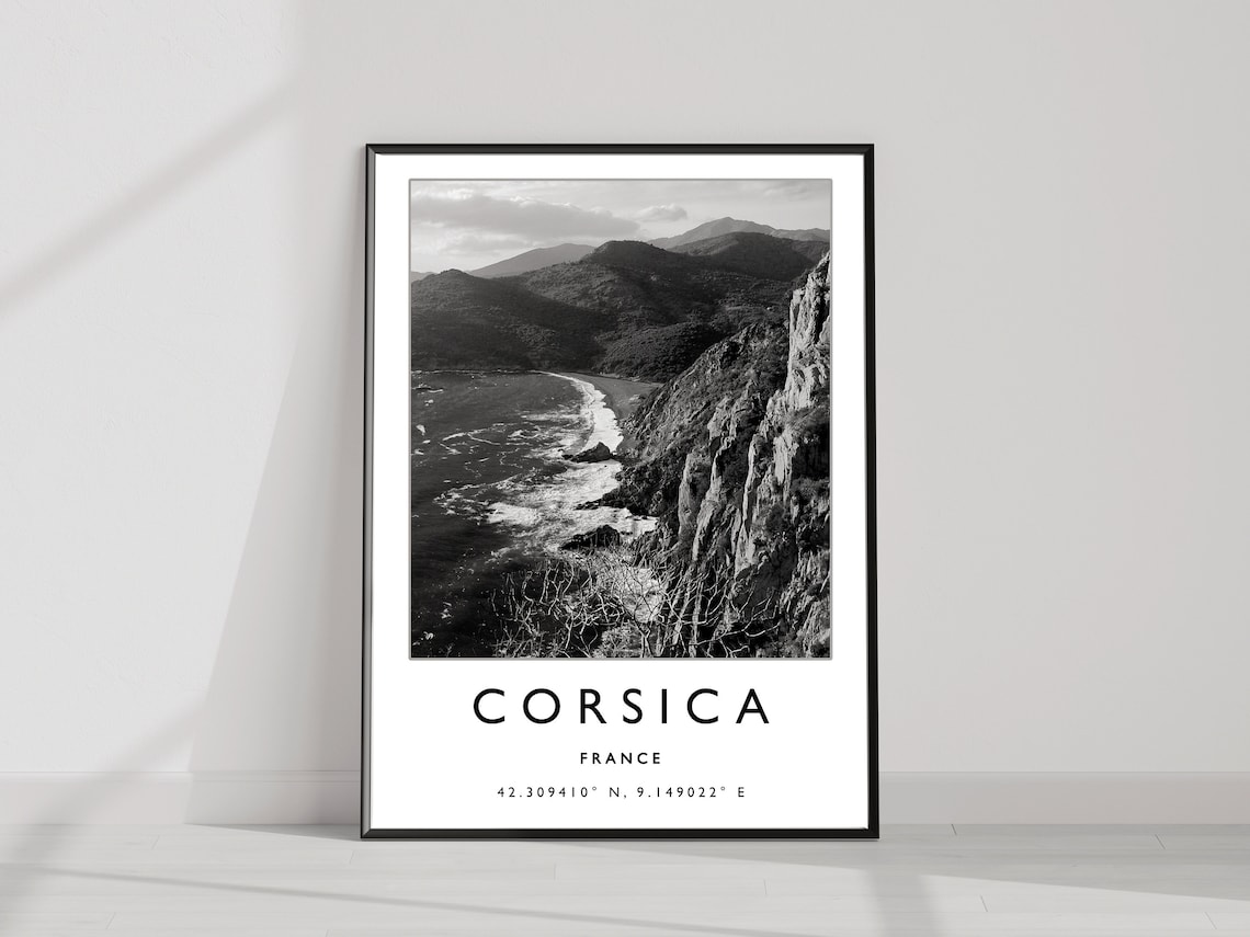 Corsica France Black and White Rugged Coastline Photo Poster - Image 2