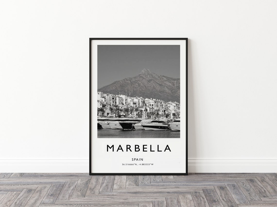 Marbella Spain Black and White Marina Yachts Mountain View Poster - Image 2