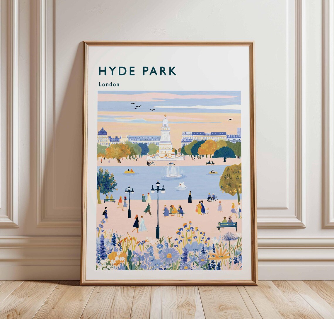 Hyde Park London Serpentine Swan Boats Skyline Travel Poster