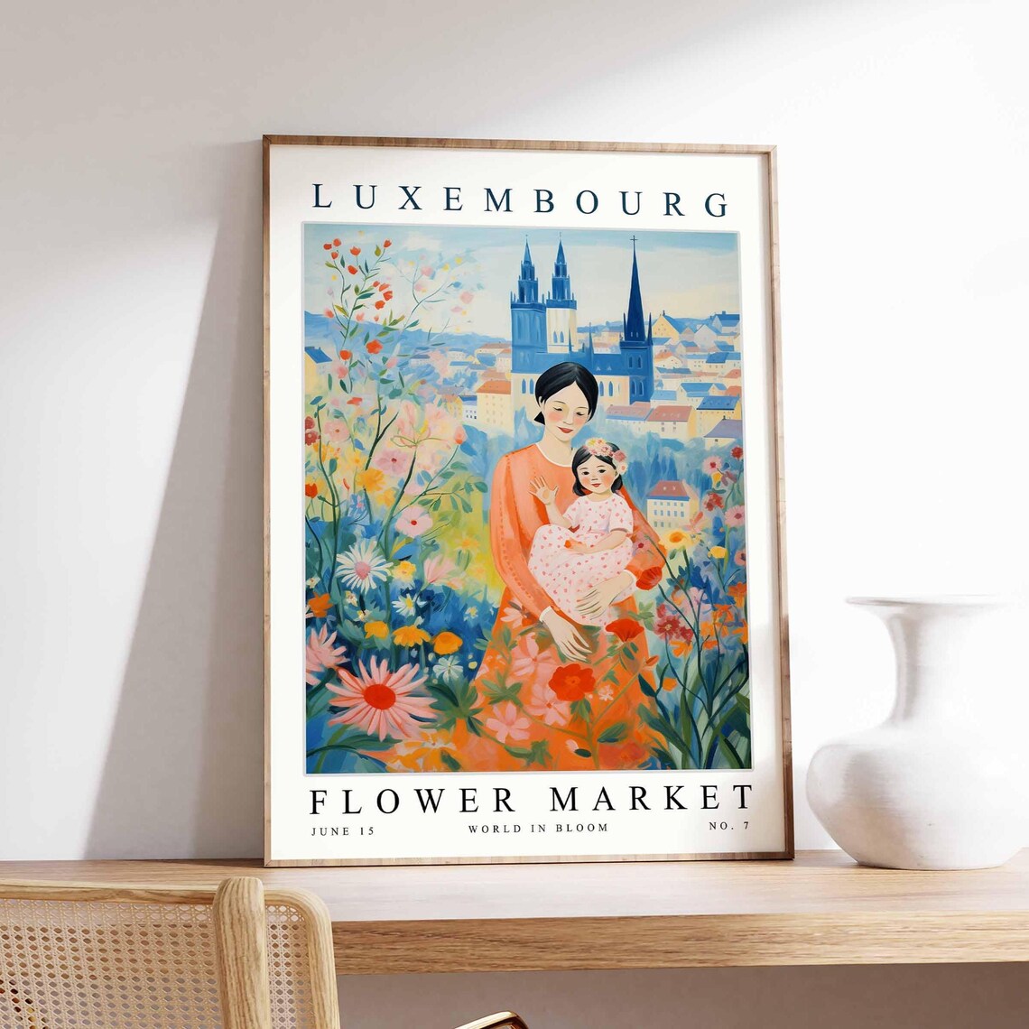 Luxembourg Flower Market Mother Child Flower Garden Sweet Art Poster