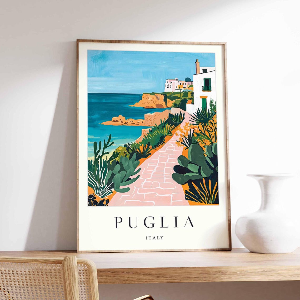 Puglia Italy Cliffside Garden Path Rocky Coastline View Poster